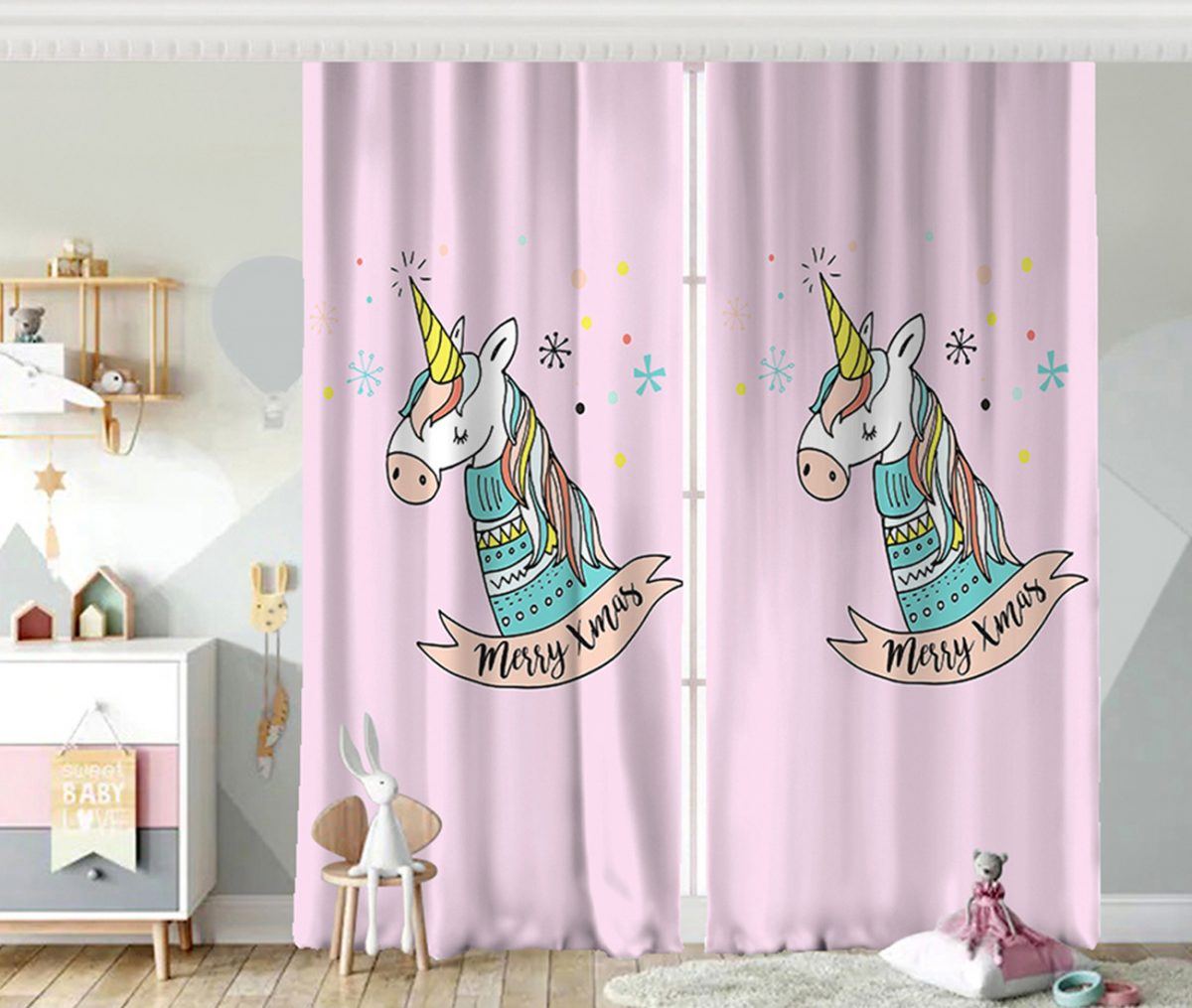 Pembe Zeminde Unicorn Motifli Bebek Odası Fon Perde Realhomes