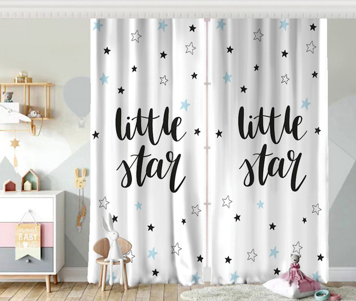 Beyaz Zeminde Little Star Tasarımlı Bebek Odası Fon Perde Realhomes