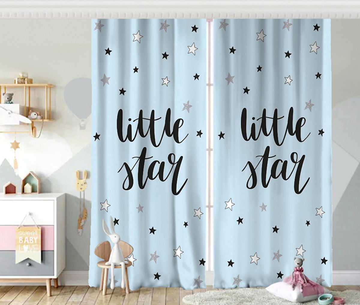 Mavi Zeminde Little Star Tasarımlı Bebek Odası Fon Perde Realhomes