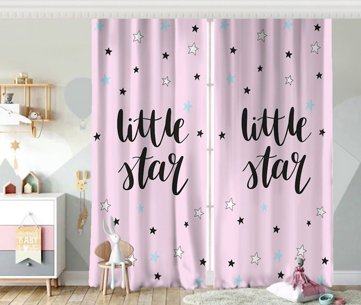 Pembe Zeminde Little Star Yıldız Tasarımlı Bebek Odası Fon Perde Realhomes