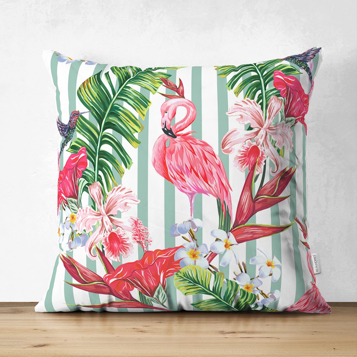 Flamingo Motifli Şerit Desenli Dekoratif Çift Taraflı Süet Yastık Kırlent Kılıfı Realhomes