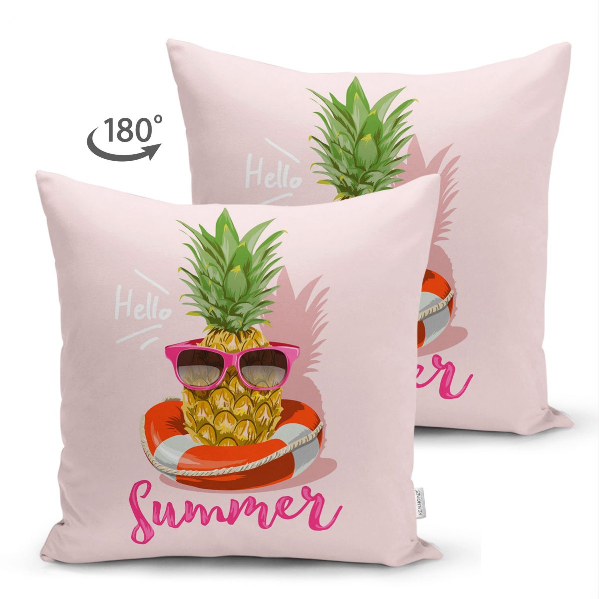 Pembe Zeminli Summer Ananas Desenli Çift Taraflı Süet Yastık Kırlent Kılıfı Realhomes