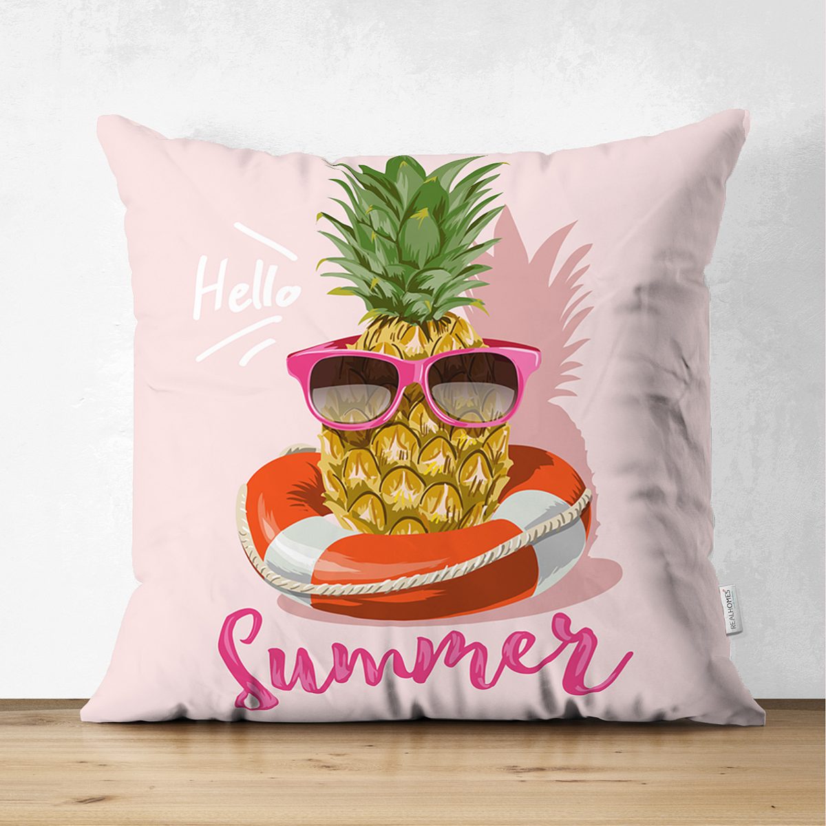 Pembe Zeminli Summer Ananas Desenli Çift Taraflı Süet Yastık Kırlent Kılıfı Realhomes