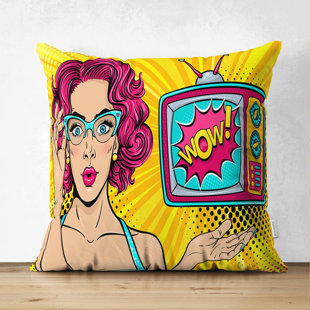 Pop Art Wow Desenli Çift Taraflı Özel Tasarım Çift Taraflı Dekoratif Süet Yastık Kırlent Kılıfı Realhomes