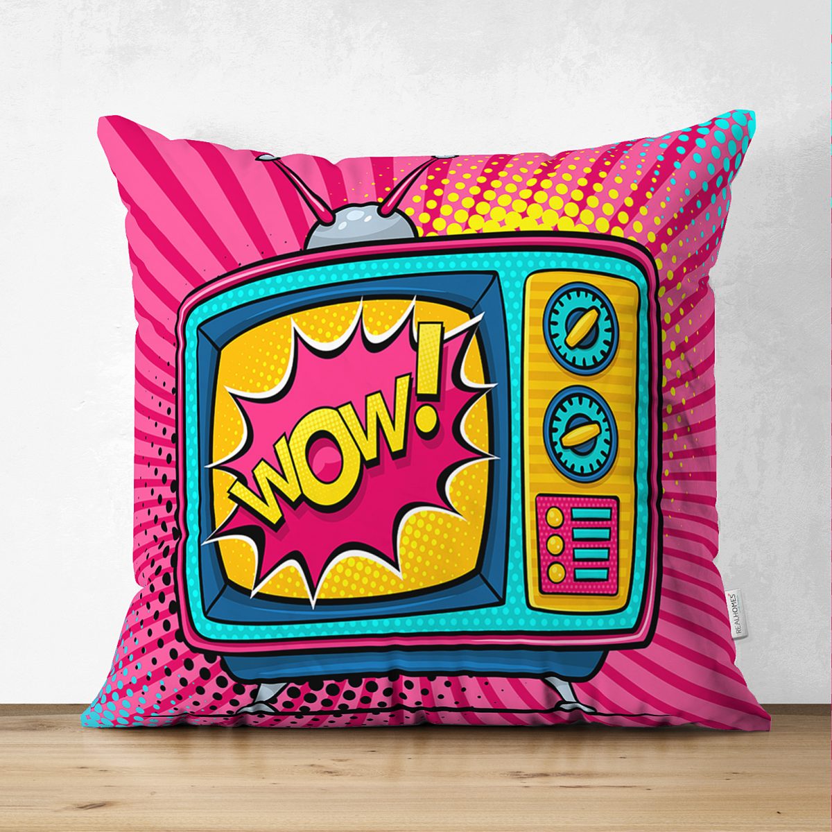 Pop Art Wow TV Desenli Çift Taraflı Dekoratif Süet Yastık Kırlent Kılıfı Realhomes