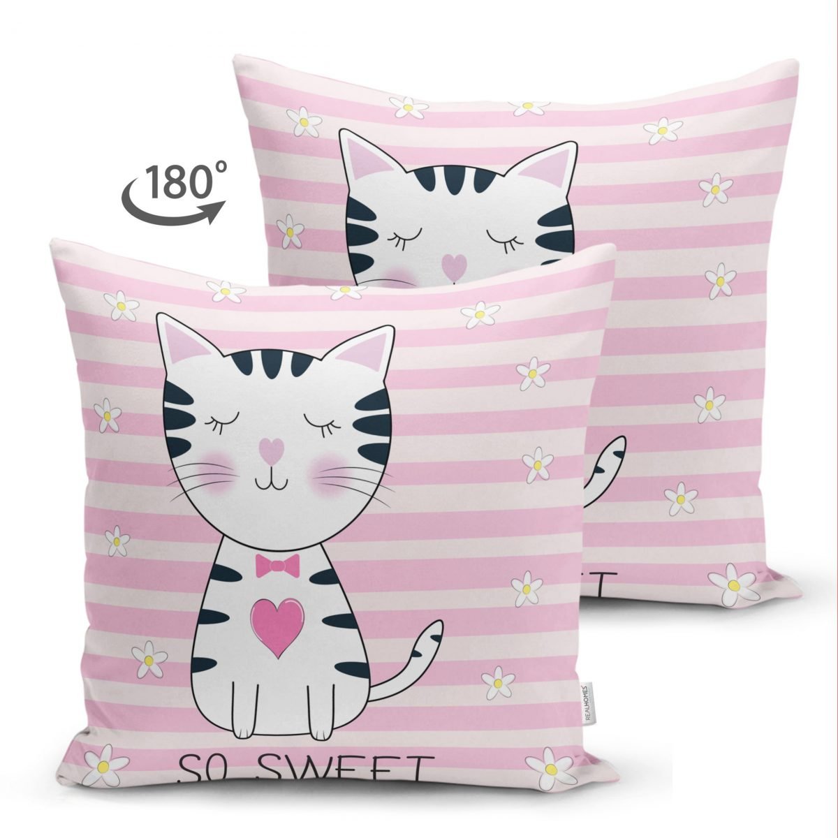 So Sweet Pembe Çizgili Sevimli Kedi Modern Çift Taraflı Süet Yastık Kırlent Kılıfı Realhomes