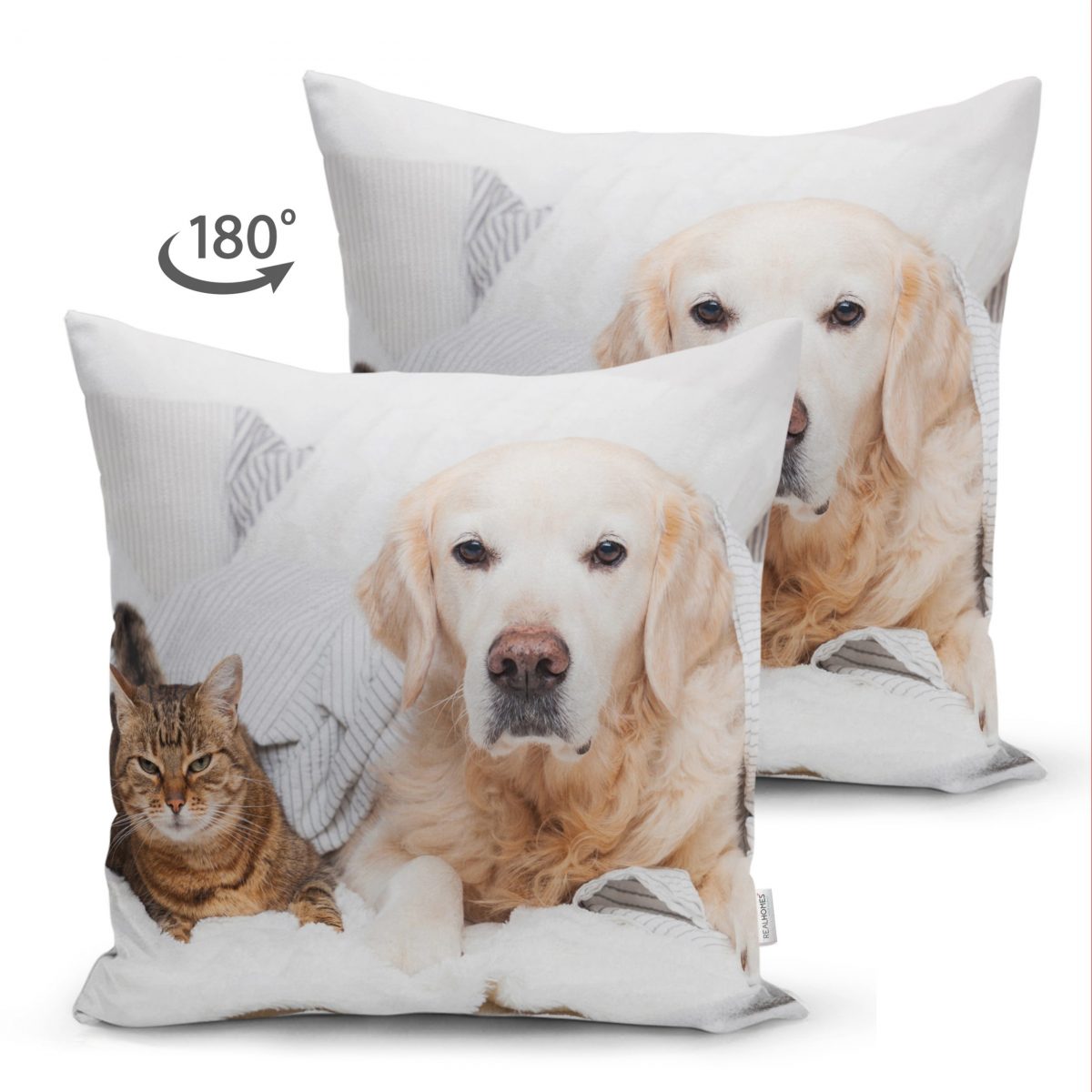 Çift Taraflı Sevimli Köpek ve Kedi Desenli Sevimli Modern Süet Yastık Kırlent Kılıfı Realhomes