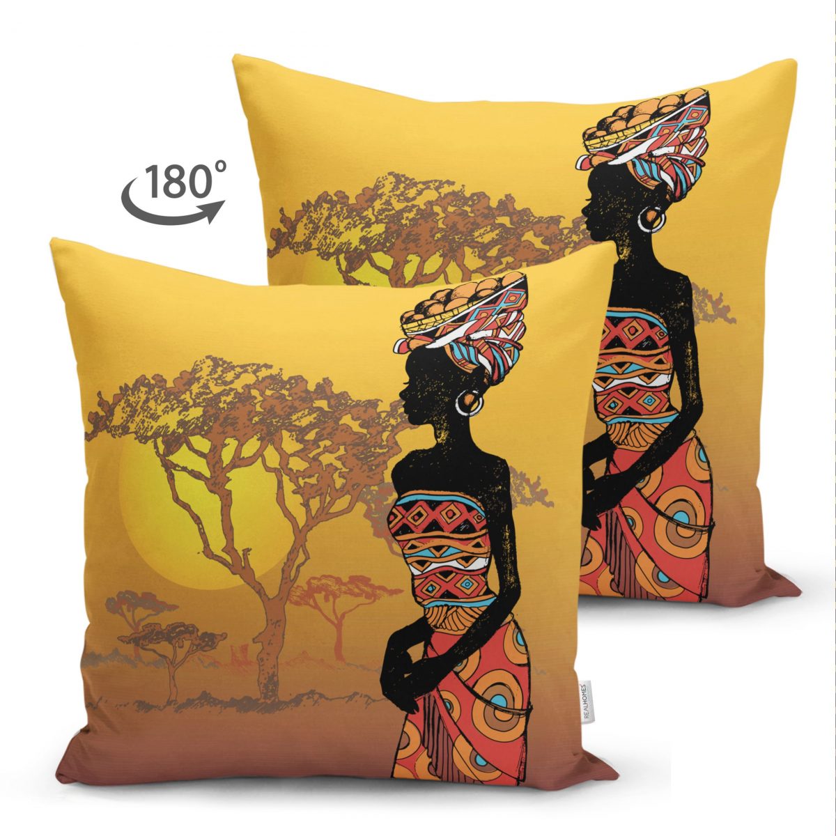 Çift Taraflı Güneşin Batışındaki Ağaç Zeminli Afrika Kadın Motifli Süet Kırlent Kılıfı Realhomes