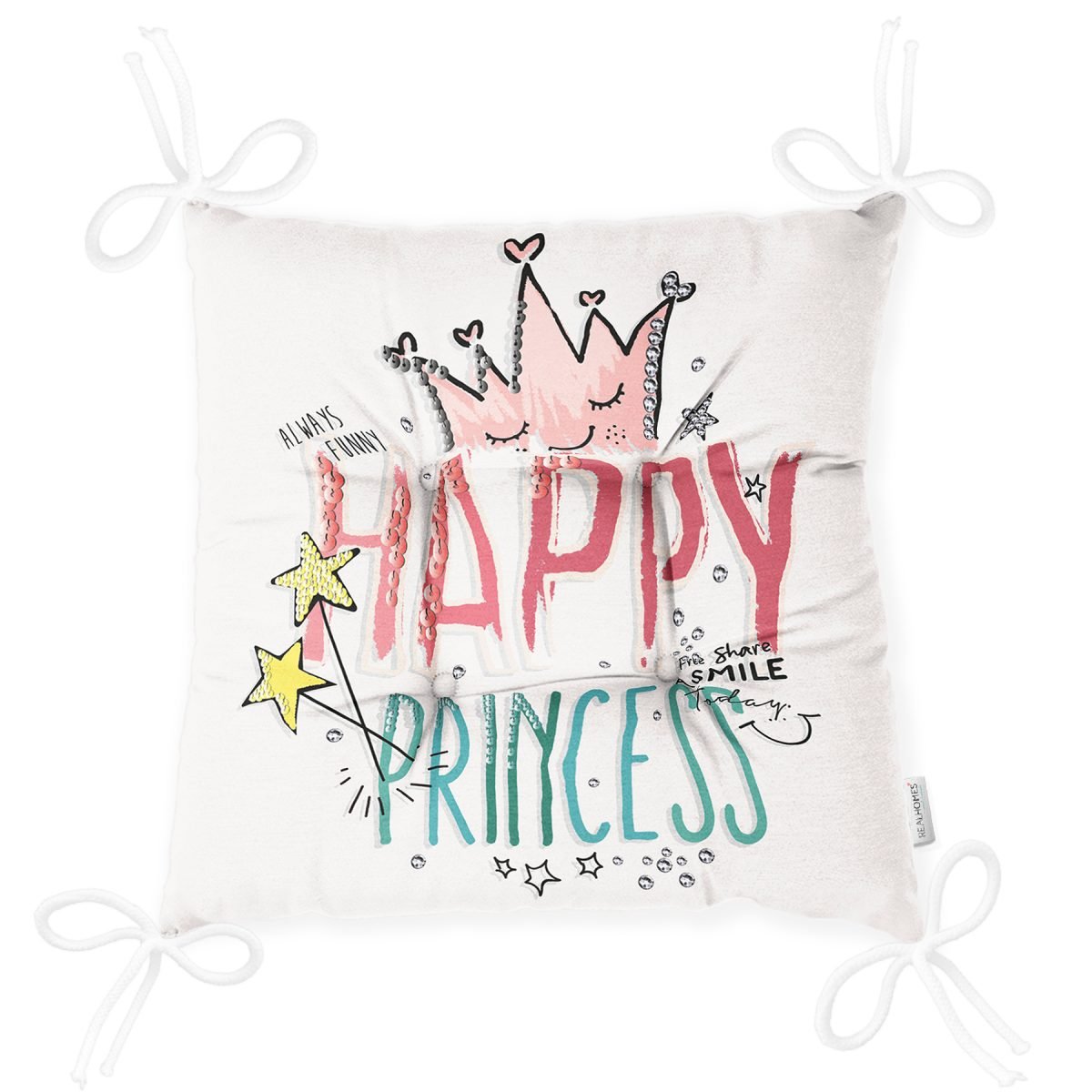 Happy Princess Yazı Desenli Dijital Baskılı Modern Pofuduk Sandalye Minderi Realhomes