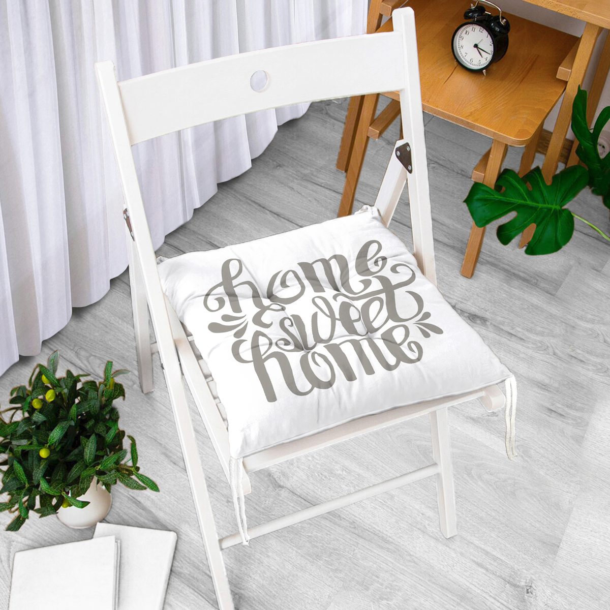 Gri Home Sweet Home Modern Dijital Baskılı Pofuduk Sandalye Minderi Realhomes