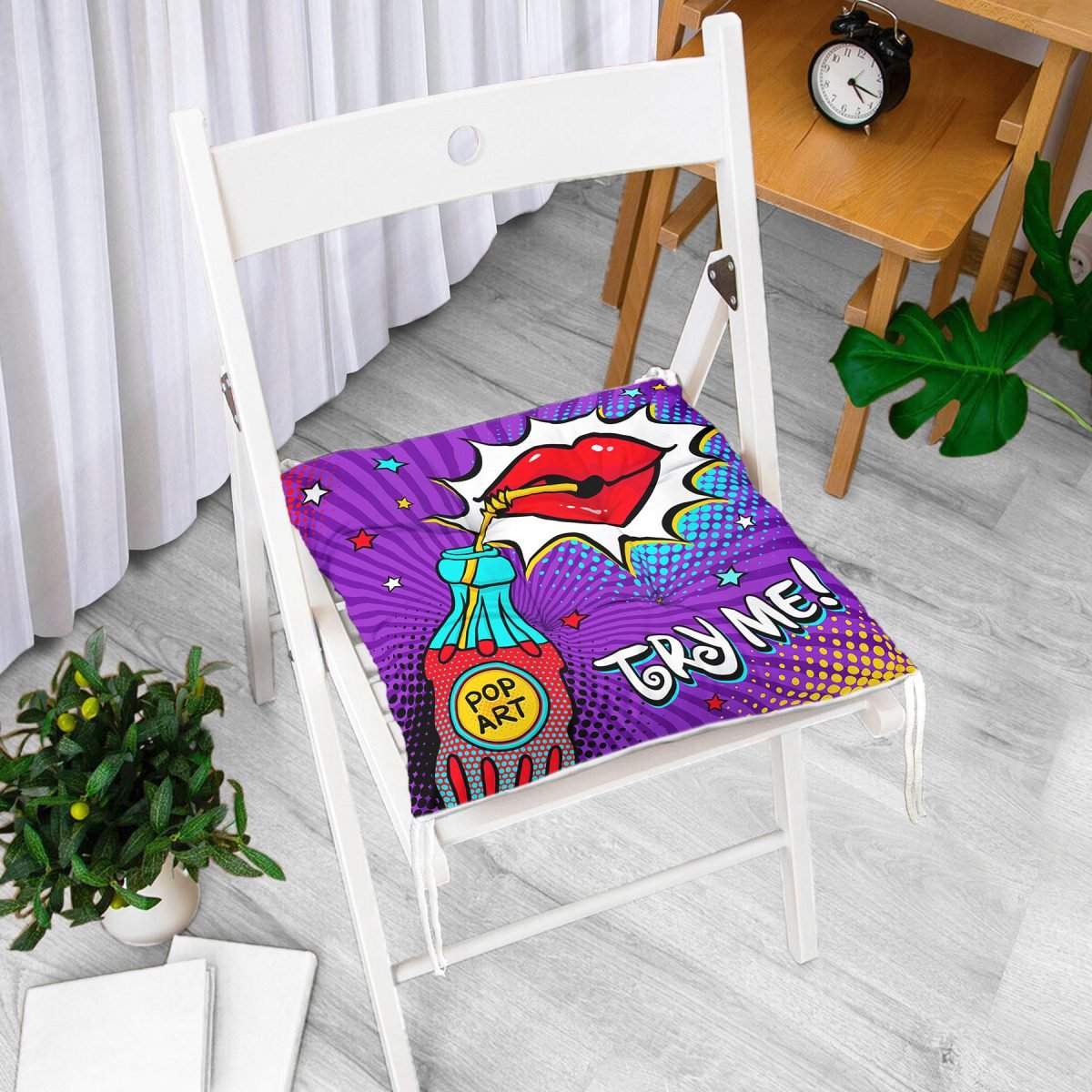 Try Me Pop Art Özel Tasarımlı Dijital Baskılı Modern Pofuduk Sandalye Minderi Realhomes