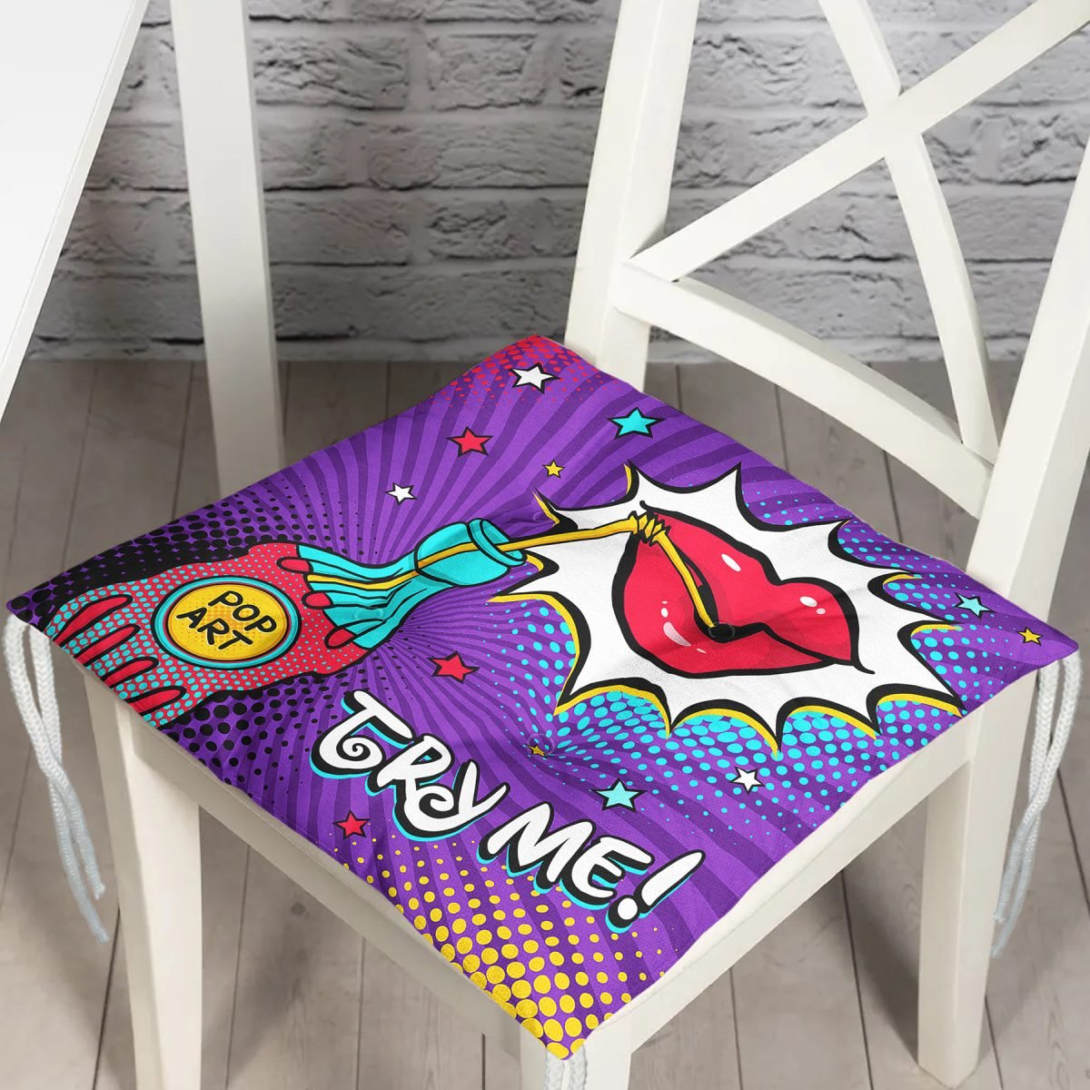 Try Me Pop Art Özel Tasarımlı Dijital Baskılı Modern Pofuduk Sandalye Minderi Realhomes