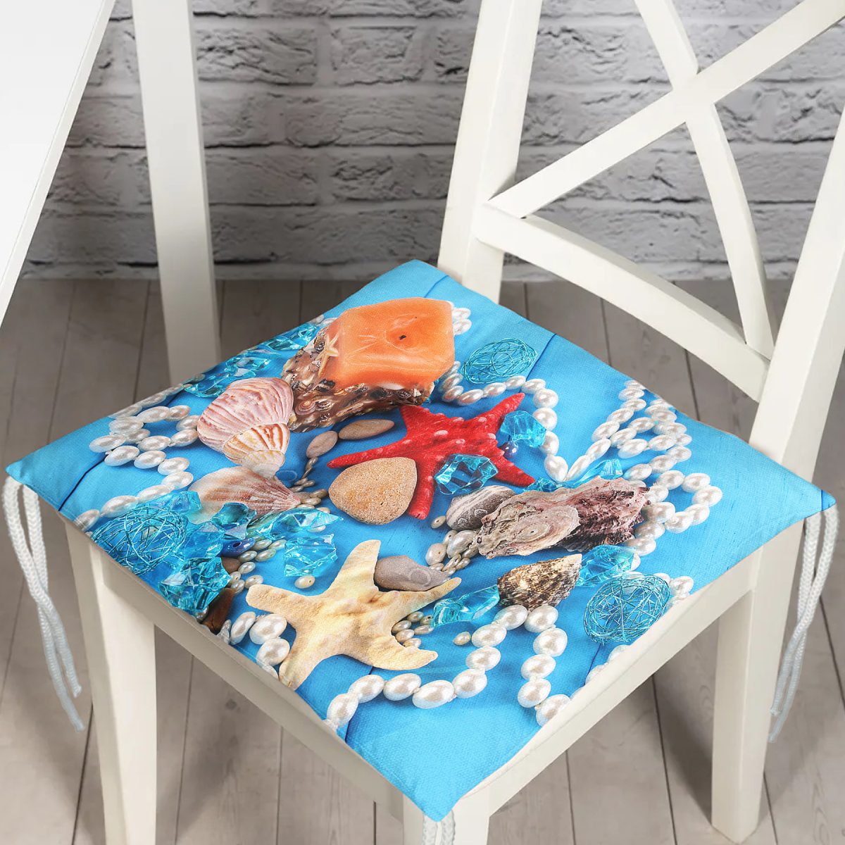 Mavi Zeminli Deniz Yıldızları Özel Tasarım Modern Pofuduk Sandalye Minderi Realhomes