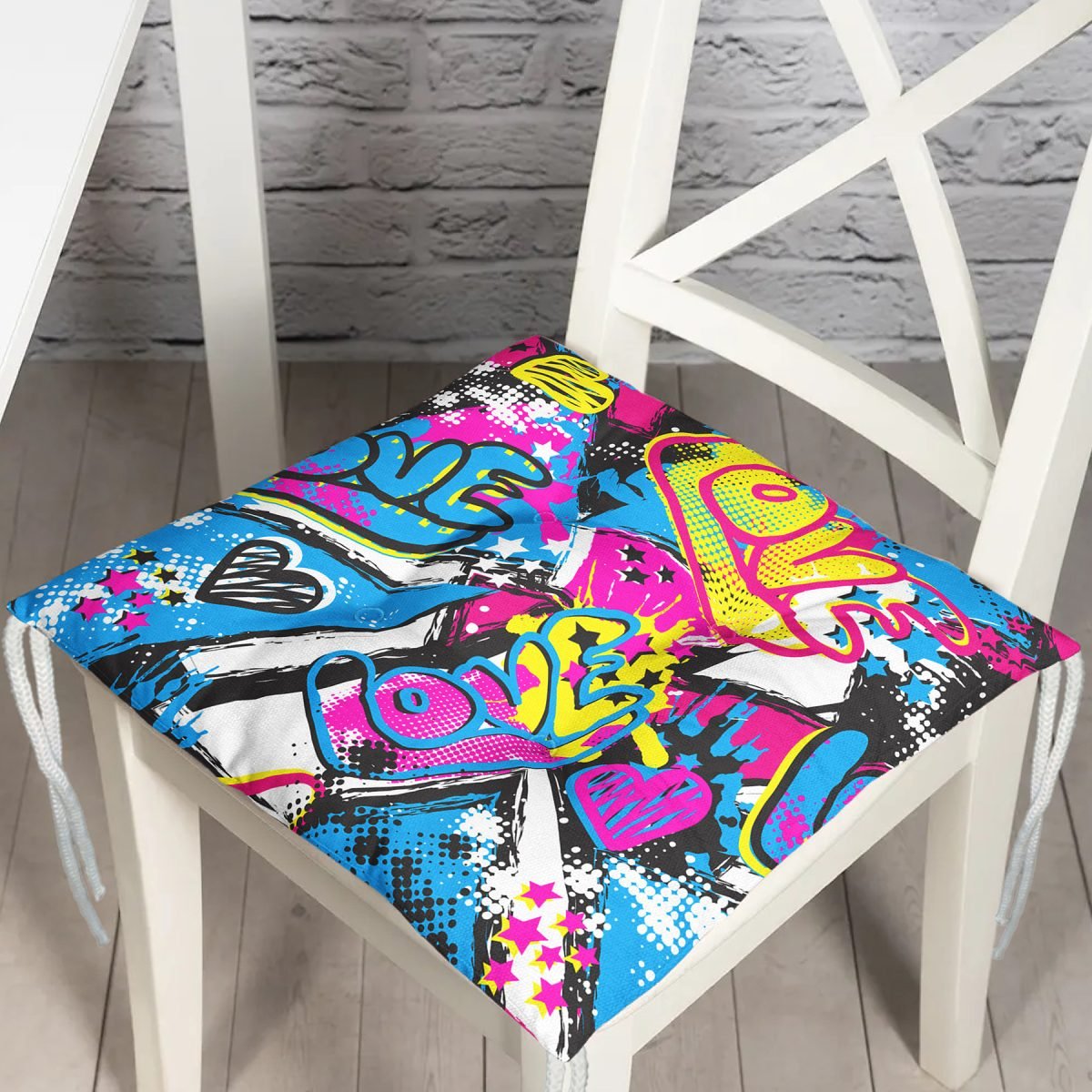 Popart Love Motifli Dijital Baskılı Modern Pofuduk Sandalye Minderi Realhomes