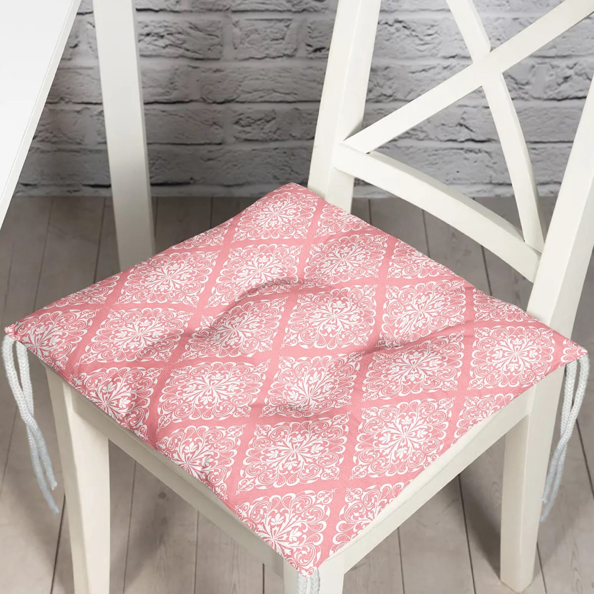 Pembe Damask Dijital Baskılı Modern Pofuduk Sandalye Minderi Realhomes