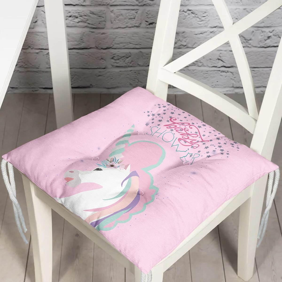 Pembe Zeminde Baby Shower Unicorn At Tasarımlı Modern Pofuduk Sandalye Minderi Realhomes