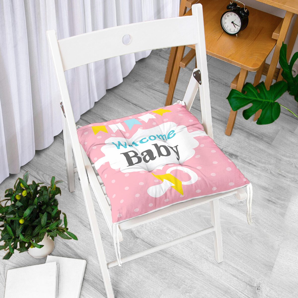 Pembe Zemin Baby Shower Temalı Özel Tasarımlı Dijital Baskılı Çocuk Odası Pofuduk Sandalye Minderi Realhomes