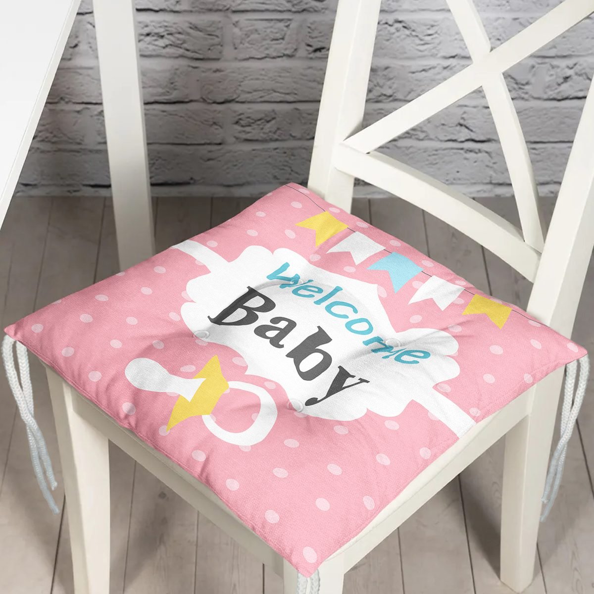 Pembe Zemin Baby Shower Temalı Özel Tasarımlı Dijital Baskılı Çocuk Odası Pofuduk Sandalye Minderi Realhomes