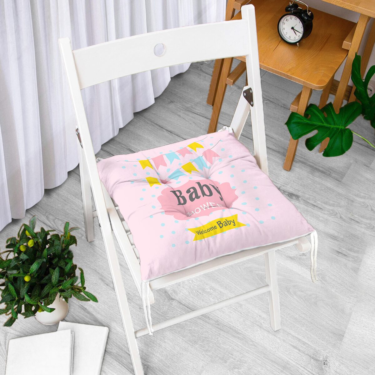 Pembe Zemin Baby Shower Temalı Özel Tasarımlı Dijital Baskılı Çocuk Odası Pofuduk Sandalye Minderi Realhomes