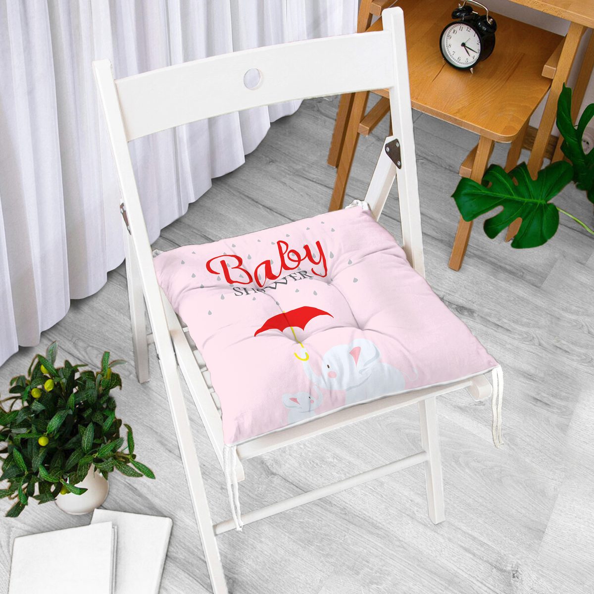 Pembe Zemin Fil Desenli Baby Shower Özel Tasarımlı Dijital Baskılı Çocuk Odası Pofuduk Sandalye Minderi Realhomes