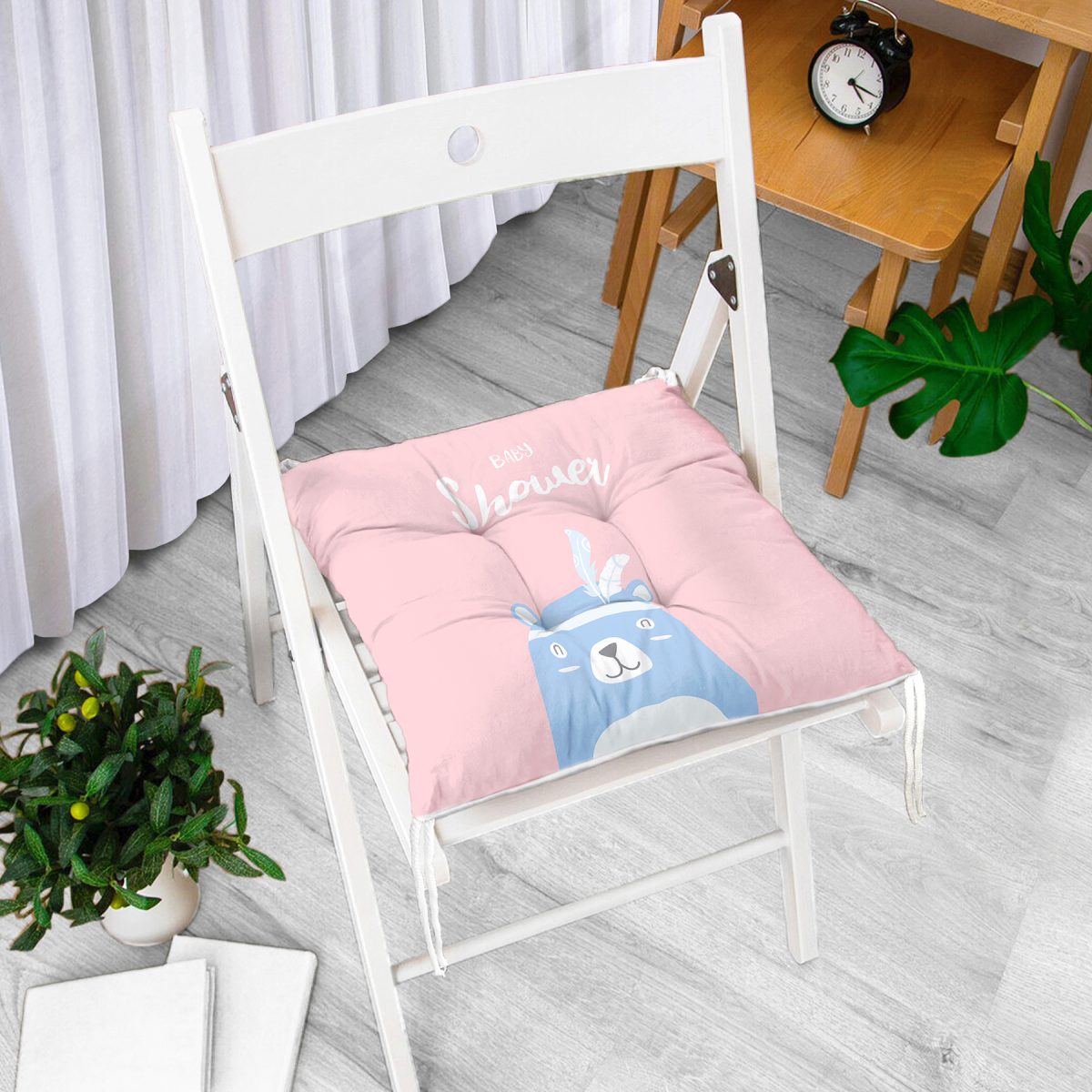 Pembe Zemin Baby Shower Yazılı Ayıcık Desenli Dijital Baskılı Çocuk Odası Pofuduk Sandalye Minderi Realhomes