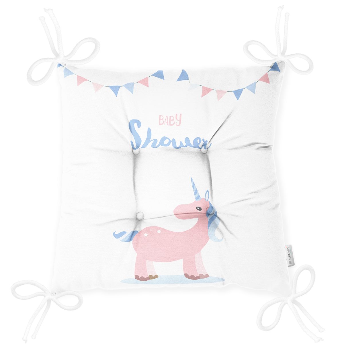 Beyaz Zemin Baby Shower Yazılı Unicorn Desenli Dijital Baskılı Çocuk Odası Pofuduk Sandalye Minderi Realhomes