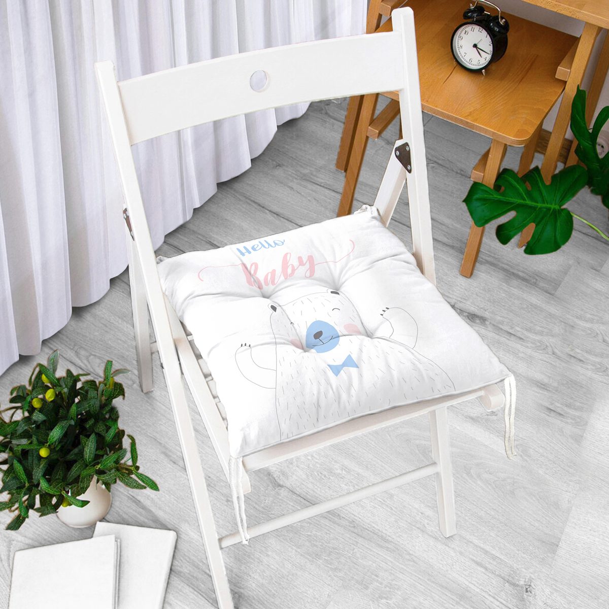 Hello Baby Yazılı Ayıcık Desenli Özel Tasarımlı Dijital Baskılı Modern Pofuduk Sandalye Minderi Realhomes