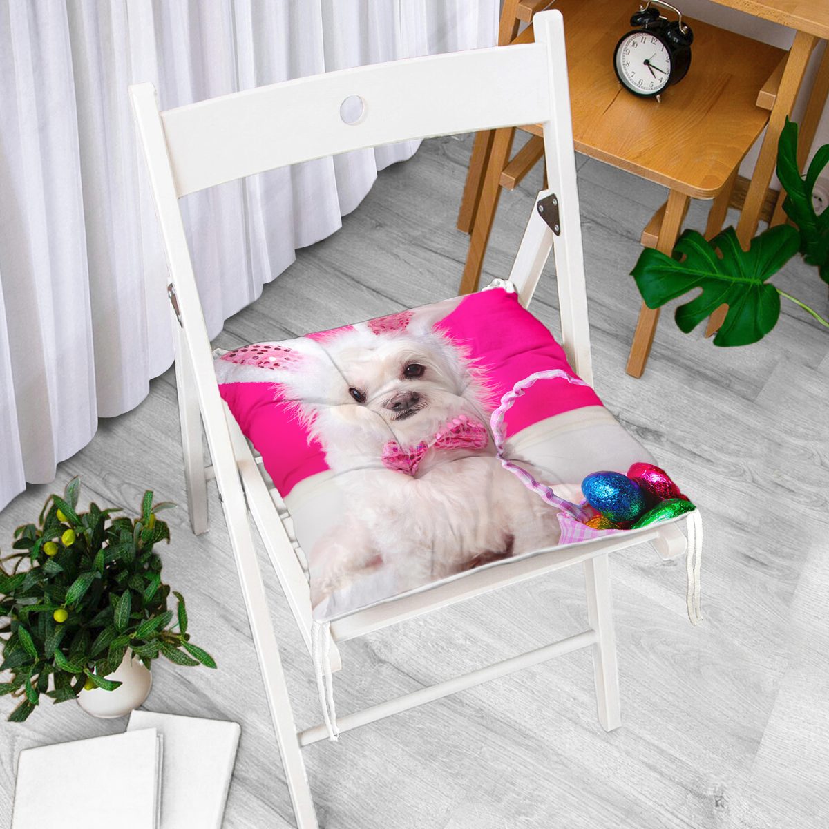 Sevimli Köpek Desenli Dijital Baskılı Modern Pofuduk Sandalye Minderi Realhomes