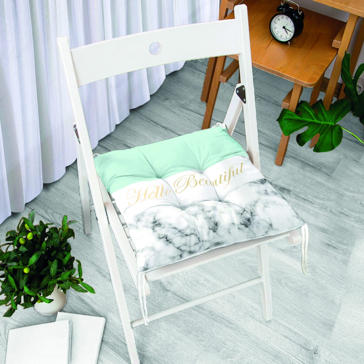 Hello Beautiful Mint Yeşili & Mermer Dijital Baskılı Modern Pofuduk Sandalye Minderi Realhomes