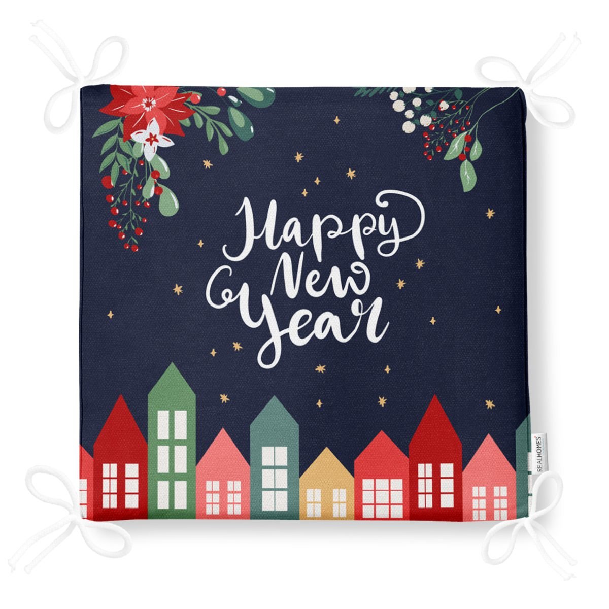 Happy New Year Tasarımlı Dijital Baskılı Fermuarlı Sandalye Minderi Realhomes