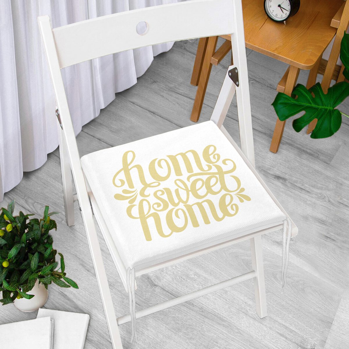 Hardal Renk Home Sweet Home Dijital Baskılı Fermuarlı Sandalye Minderi Realhomes