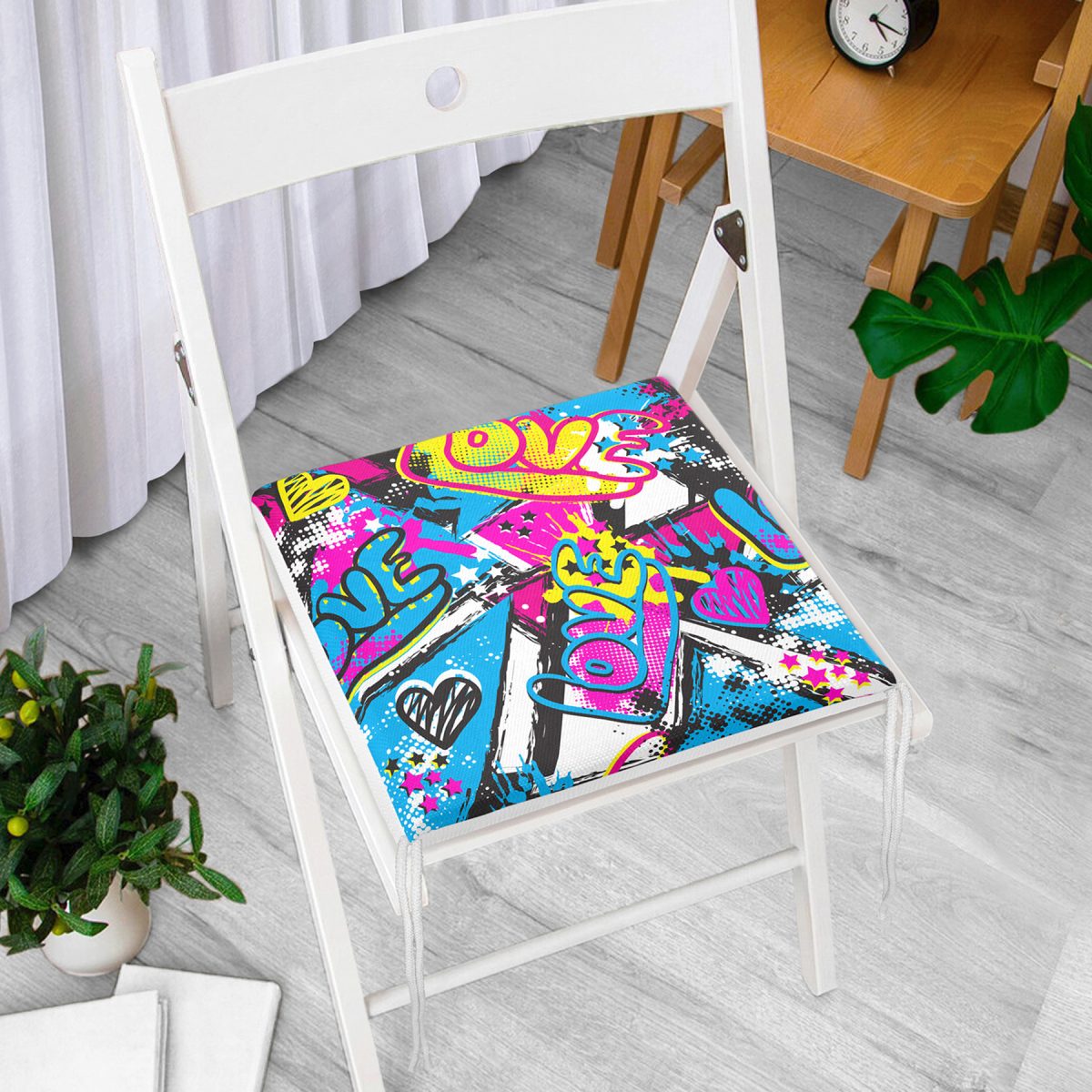 Popart Love Motifli Dijital Baskılı Modern Fermuarlı Sandalye Minderi Realhomes