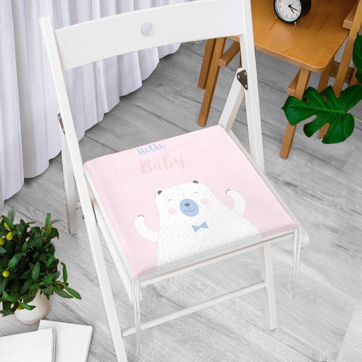 Pembe Zemin Hello Baby Yazılı Ayıcık Desenli Dijital Baskılı Modern Fermuarlı Sandalye Minderi Realhomes