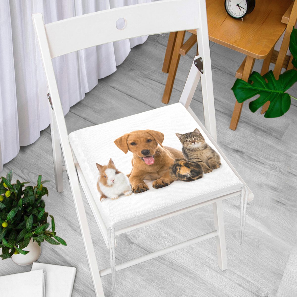 Tavşan-Kedi-Köpek Desenli Dijital Baskılı Modern Fermuarlı Sandalye Minderi Realhomes