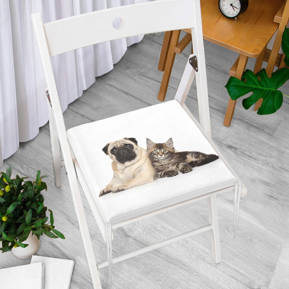 Sevimli Köpek ve Kedi Desenli Sevimli Modern Fermuarlı Sandalye Minderi Realhomes