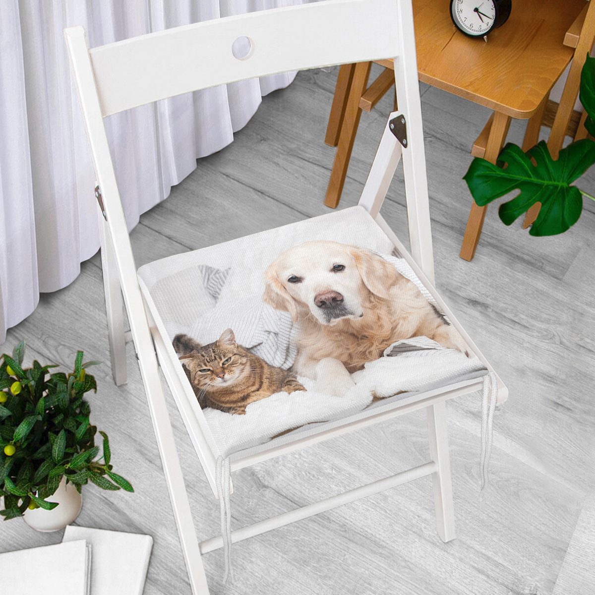 Sevimli Köpek ve Kedi Desenli Sevimli Modern Fermuarlı Sandalye Minderi Realhomes