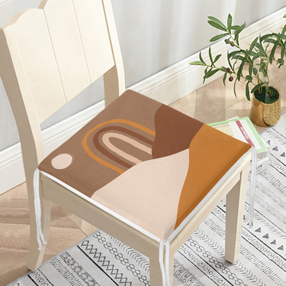 Renkli Zeminde Onedraw Çizimli Oval Desenli Dijital Baskılı Modern Fermuarlı Sandalye Minderi Realhomes