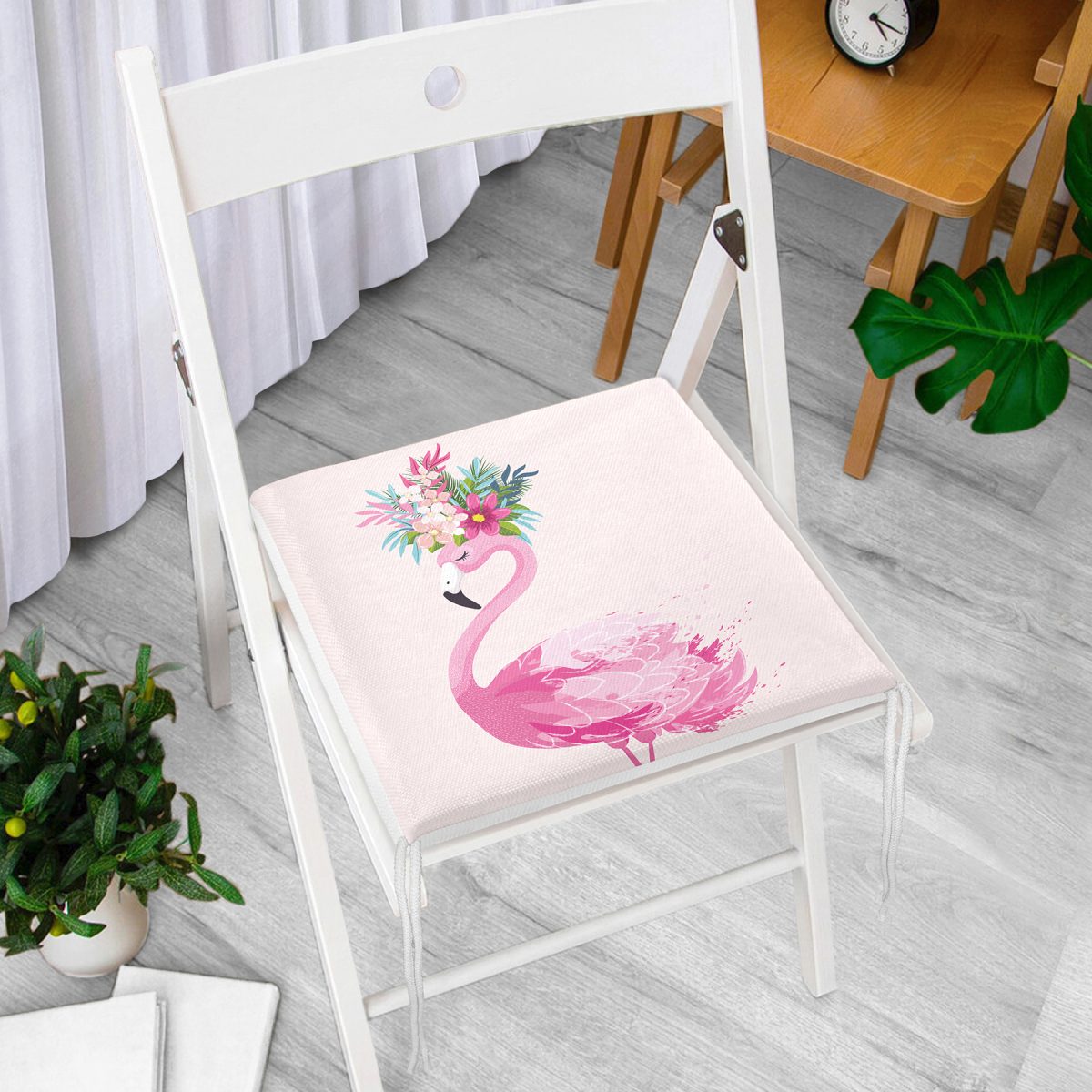 Pembe Flamingo Motifli Dijital Baskılı Fermuarlı Sandalye Minderi Realhomes