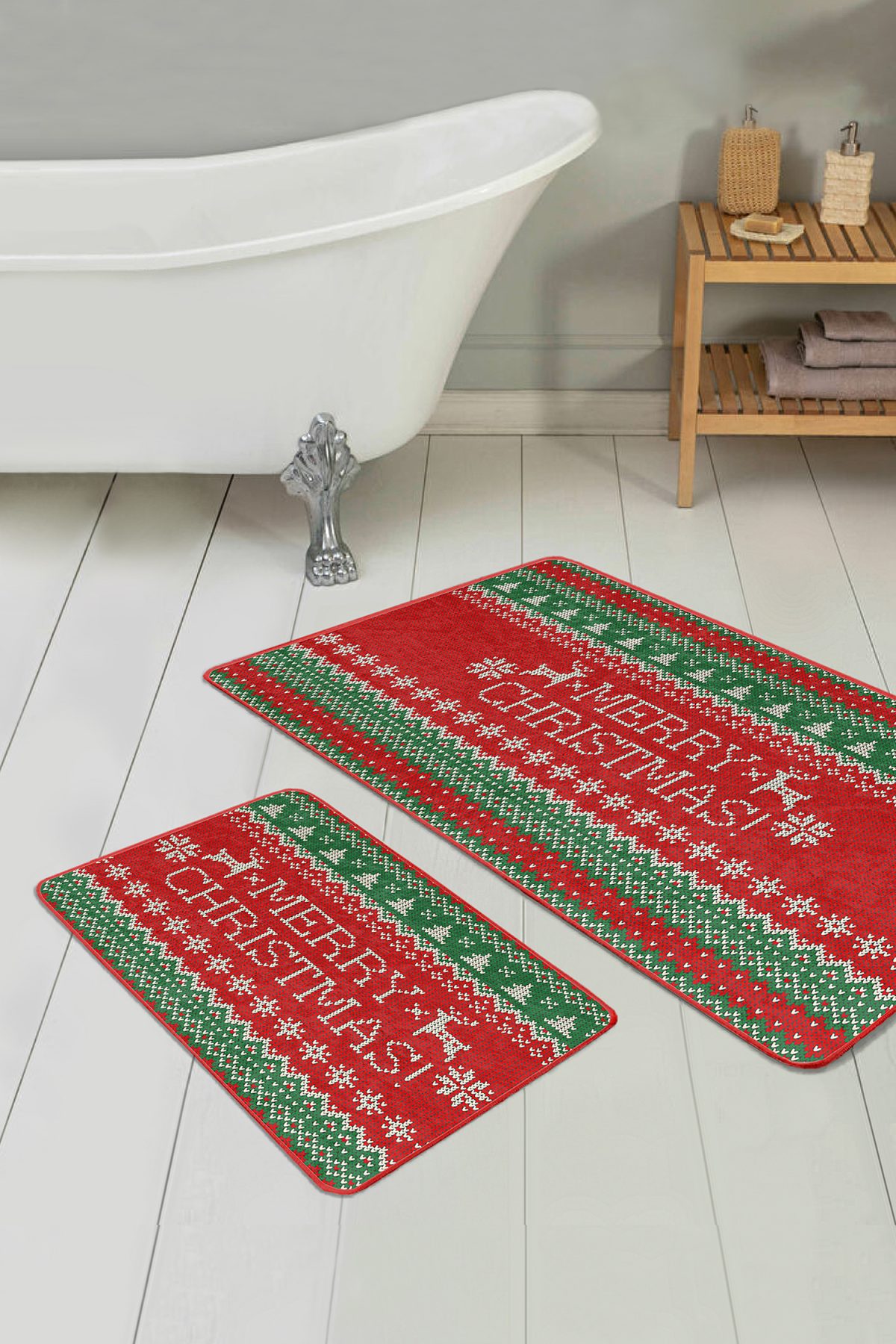 Mery Christmas Yılbaşı Temalı Özel Tasarım 2'li Kaymaz Tabanlı Banyo & Mutfak Paspas Takımı Realhomes