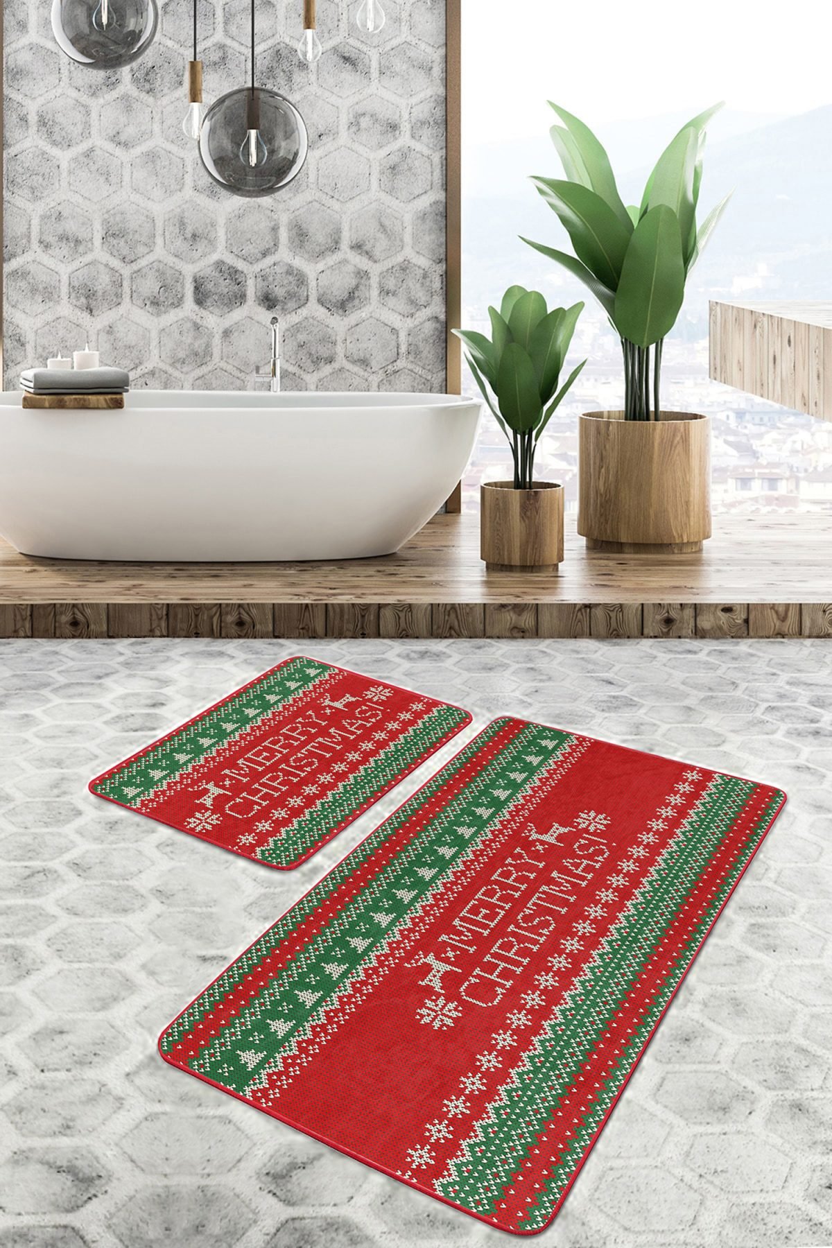 Mery Christmas Yılbaşı Temalı Özel Tasarım 2'li Kaymaz Tabanlı Banyo & Mutfak Paspas Takımı Realhomes