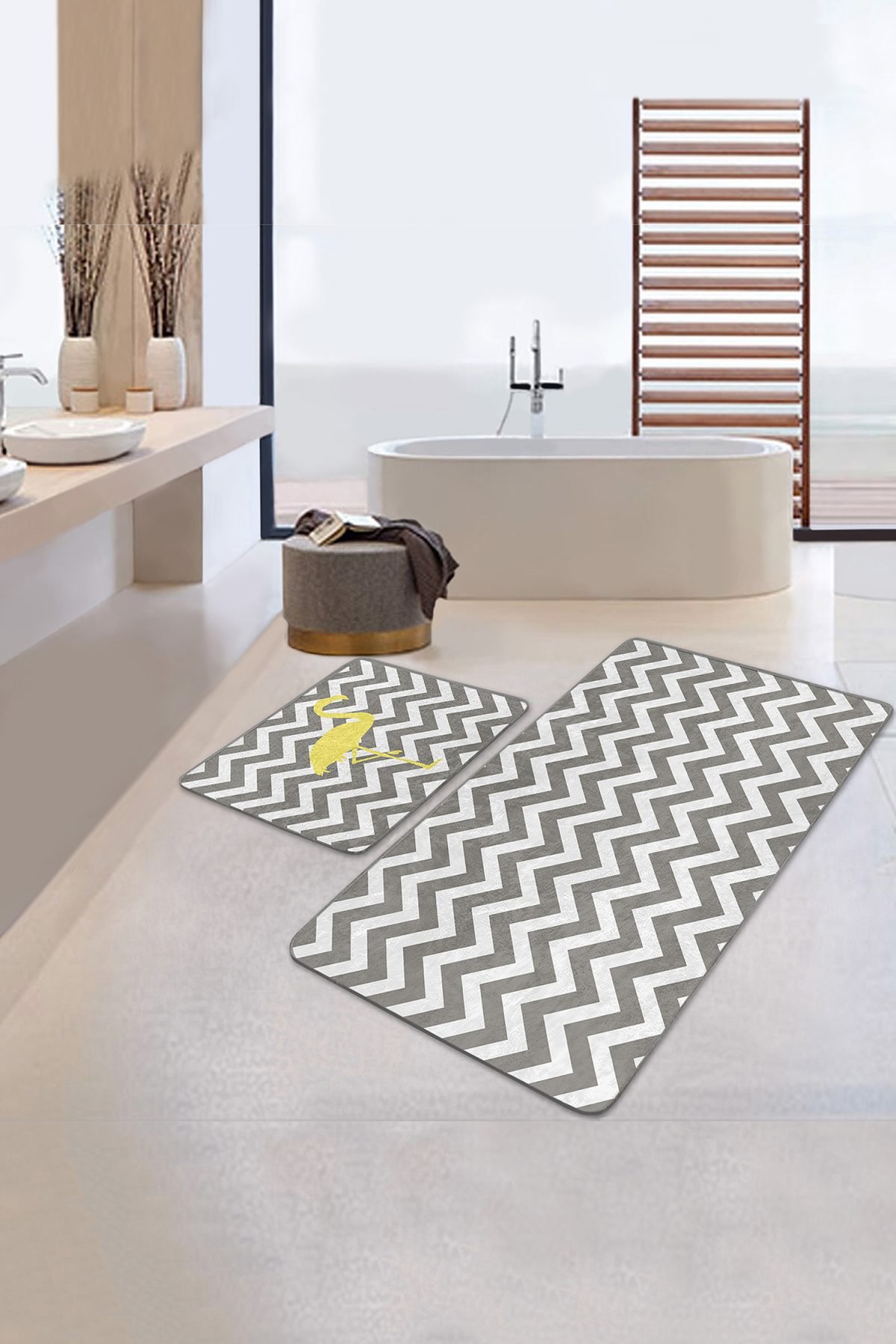 Gri Zigzag Motifli Dijital Baskılı Flamingo Motifli 2'li Kaymaz Tabanlı Banyo & Mutfak Paspas Takımı Realhomes