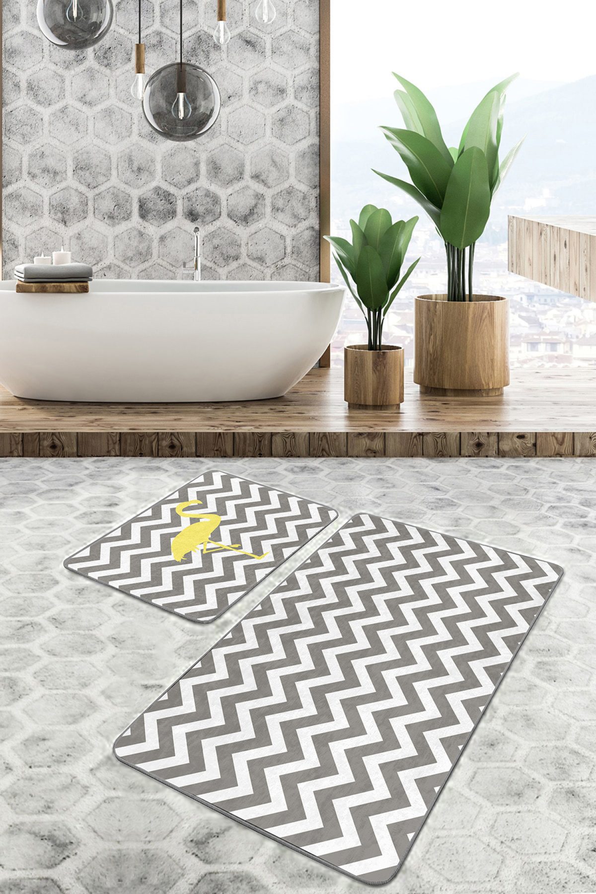 Gri Zigzag Motifli Dijital Baskılı Flamingo Motifli 2'li Kaymaz Tabanlı Banyo & Mutfak Paspas Takımı Realhomes