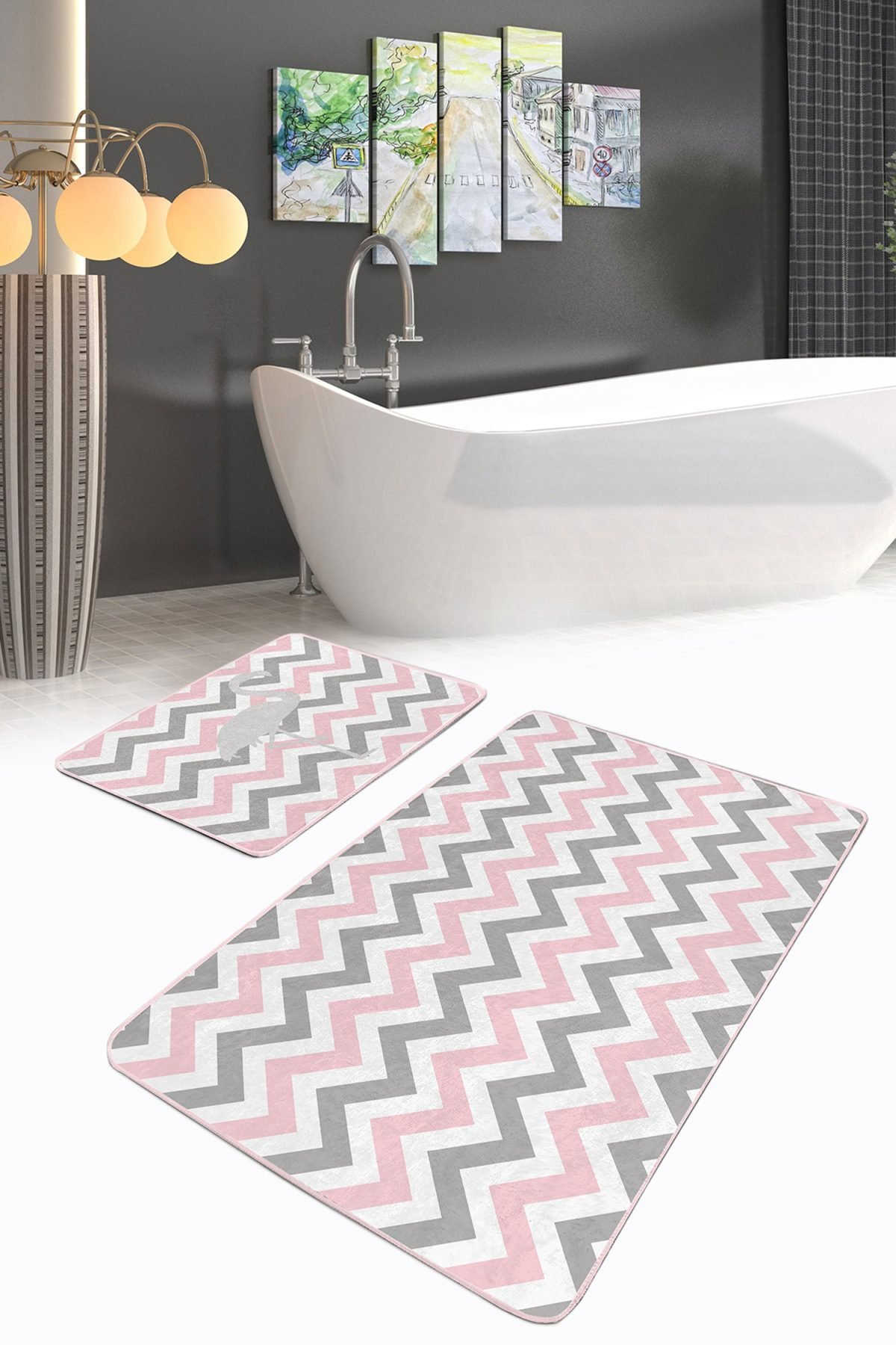 Pembe Gri Zigzag Motifli Flaminto Tasarımlı 2'li Kaymaz Tabanlı Banyo & Mutfak Paspas Takımı Realhomes