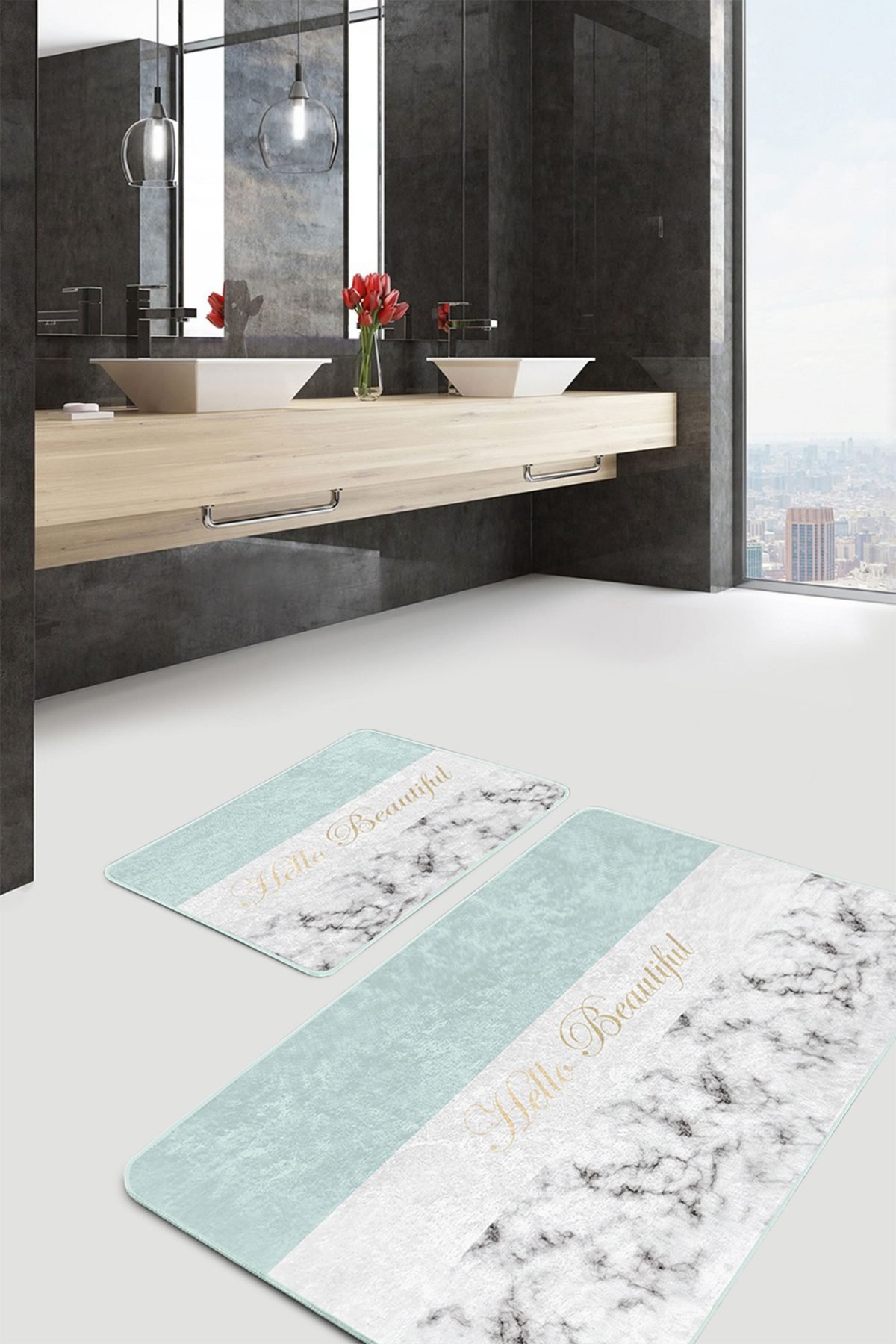 Soft Renkli Hello Beatiful Dijital Baskılı 2'li Kaymaz Tabanlı Banyo & Mutfak Paspas Takımı Realhomes