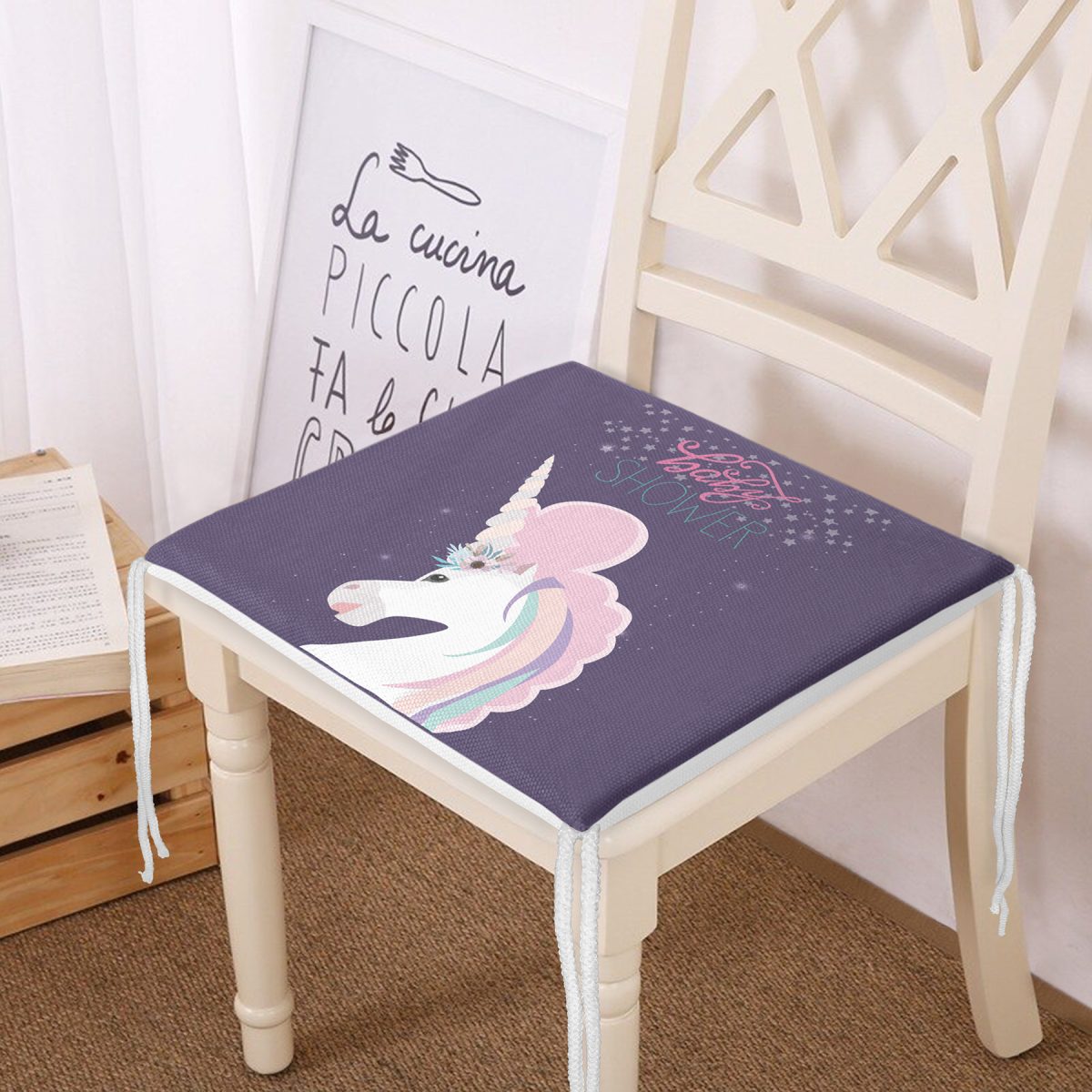 Mor Zeminde Baby Shower Unicorn At Tasarımlı Modern Fermuarlı Sandalye Minderi Realhomes