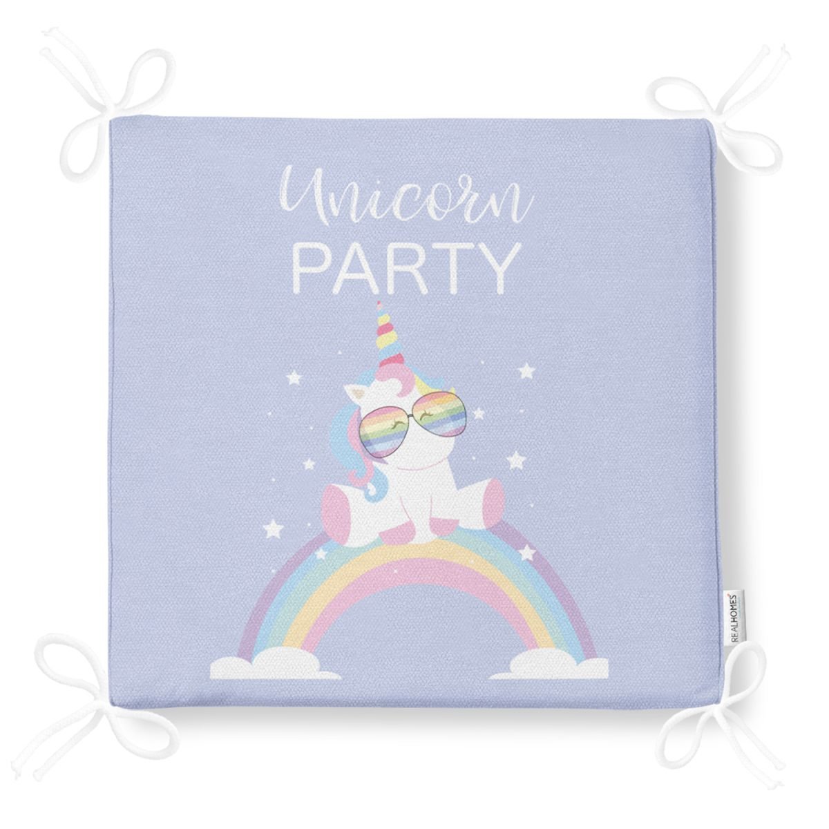 Unicorn Party Yazılı Özel Tasarımlı Dijital Baskılı Çocuk Odası Fermuarlı Sandalye Minderi Realhomes