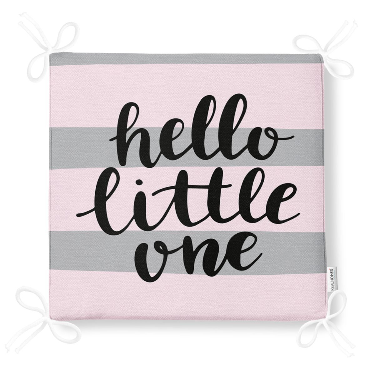 Gri Pembe Hello Little One Yazılı Özel Tasarımlı Dijital Baskılı Çocuk Odası Fermuarlı Sandalye Minderi Realhomes