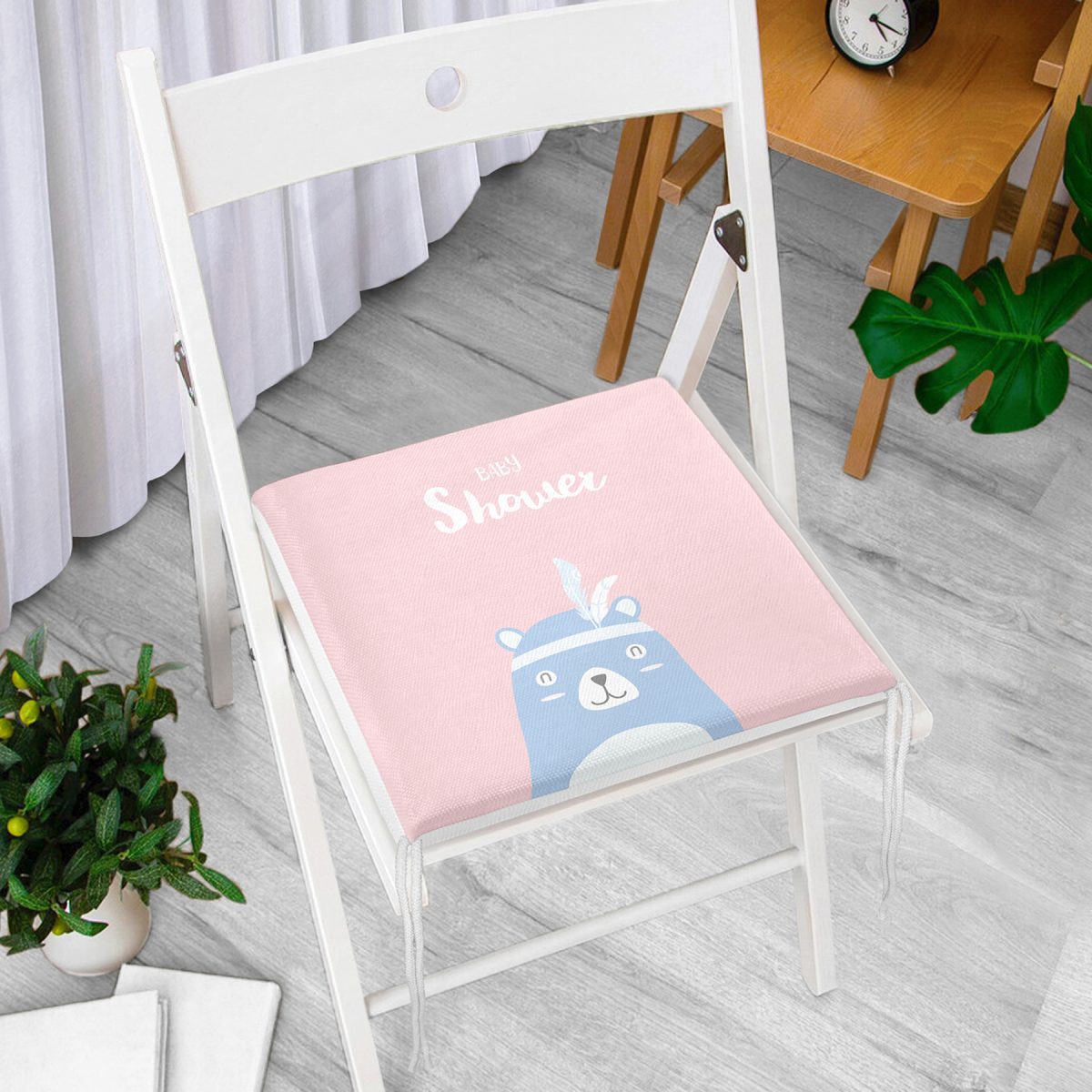 Pembe Zemin Baby Shower Yazılı Ayıcık Desenli Dijital Baskılı Çocuk Odası Fermuarlı Sandalye Minderi Realhomes