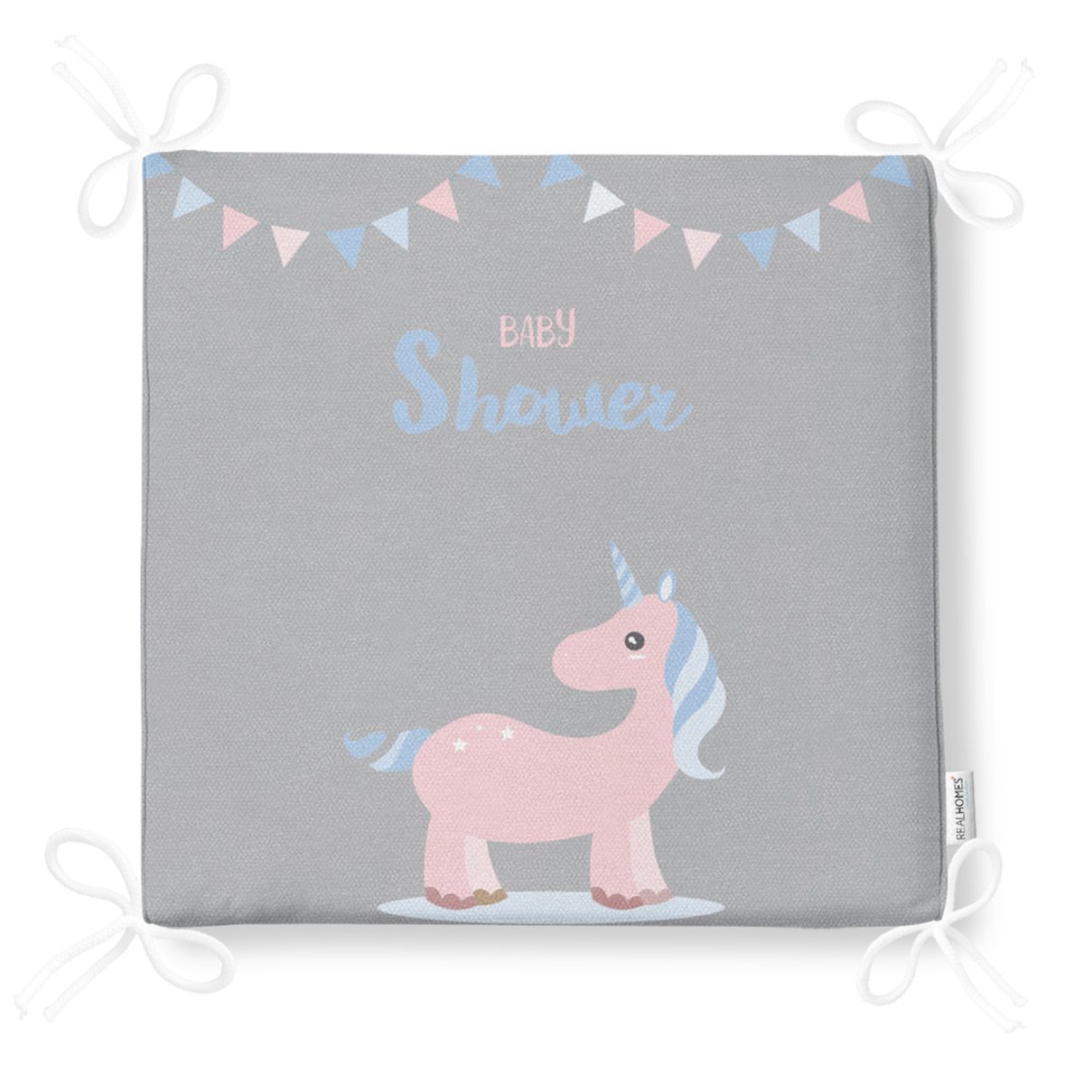 Gri Zemin Baby Shower Yazılı Unicorn Desenli Dijital Baskılı Çocuk Odası Fermuarlı Sandalye Minderi Realhomes