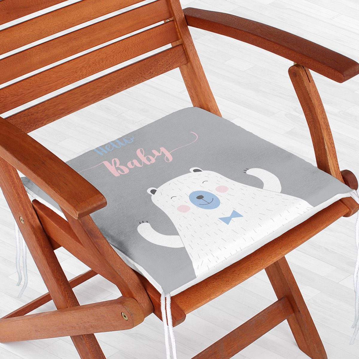 Gri Zemin Hello Baby Yazılı Ayıcık Desenli Dijital Baskılı Modern Fermuarlı Sandalye Minderi Realhomes